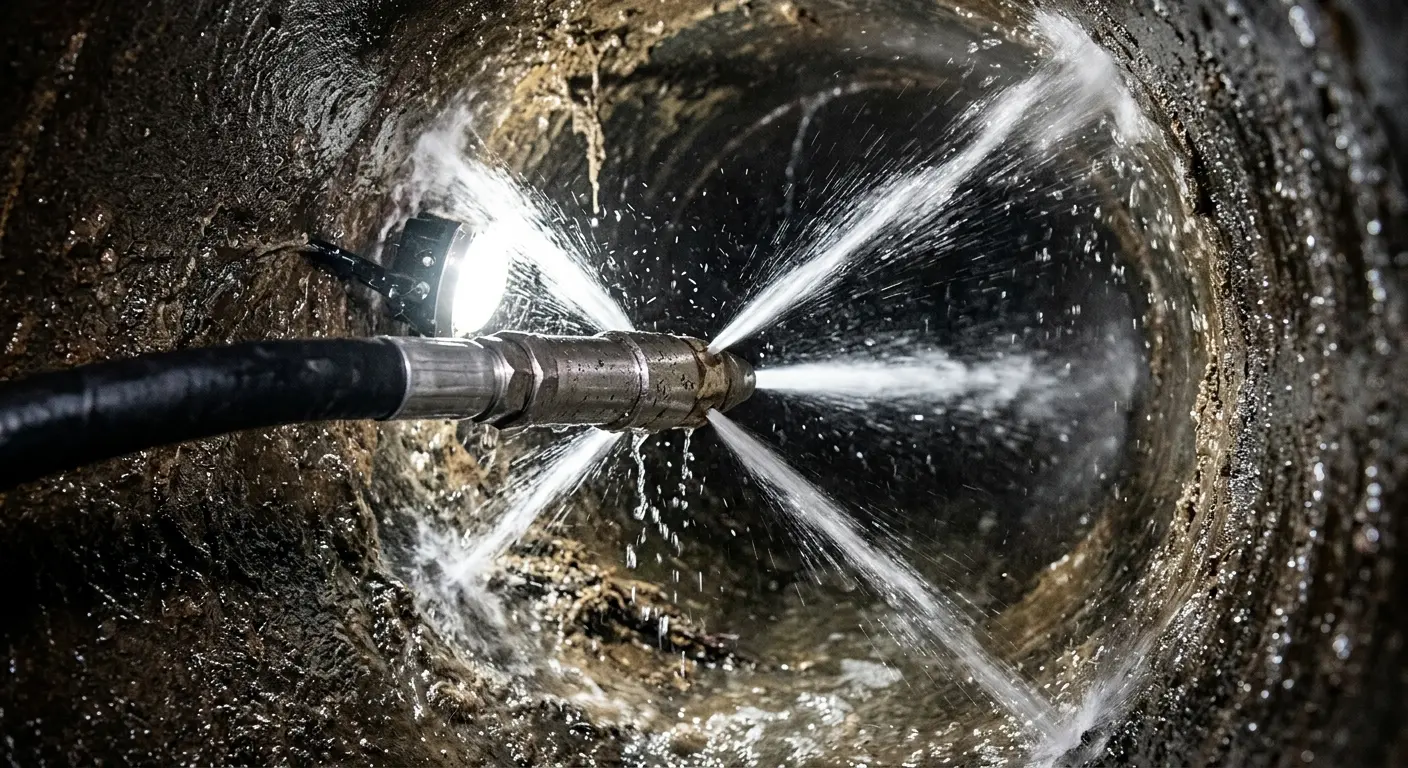 High-pressure hydro jetting nozzle cleaning sewer pipe for Trenchless Sewer Repair in Fort Lee