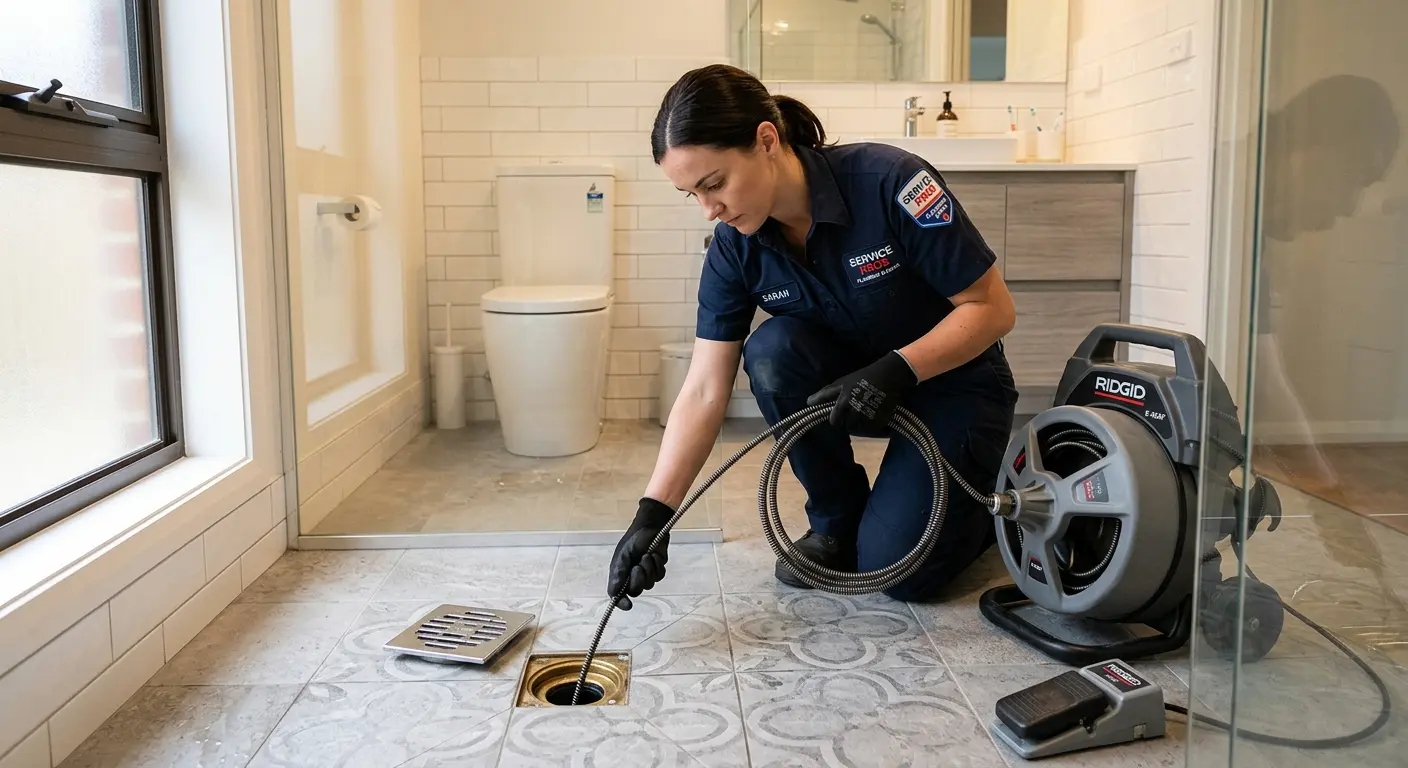 Technician clearing a bathroom floor drain for Drain Cleaning in Fort Lee